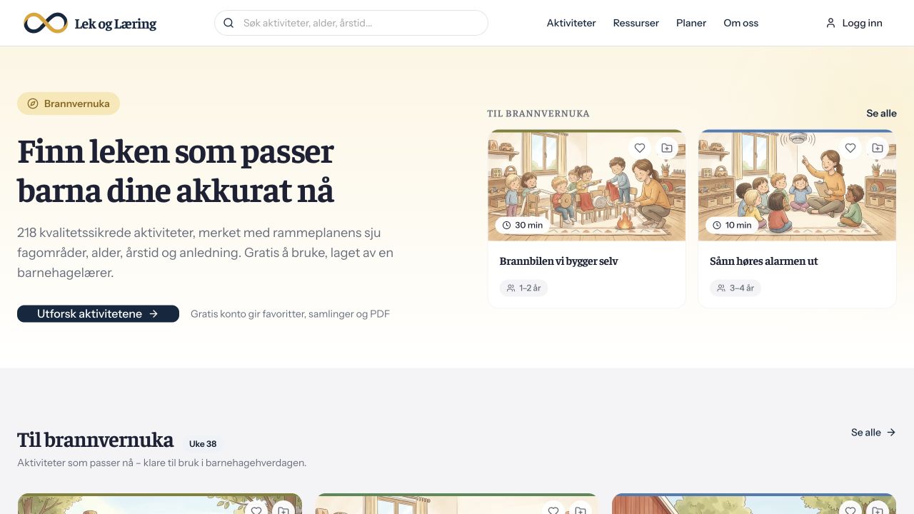Forsiden til Lek og Læring med søk, aktivitetskort og innganger til barnehageåret.