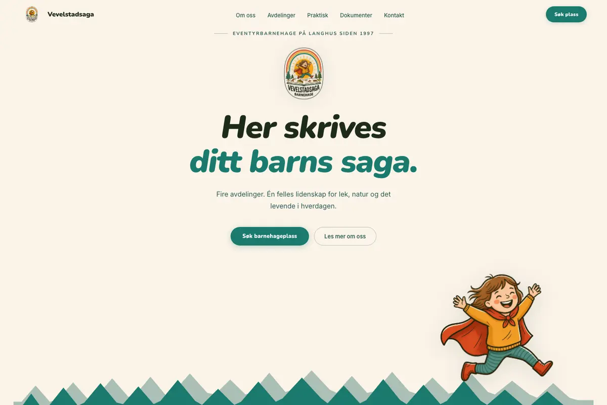 Forsiden til Vevelstadsaga barnehage, laget av Misprint.