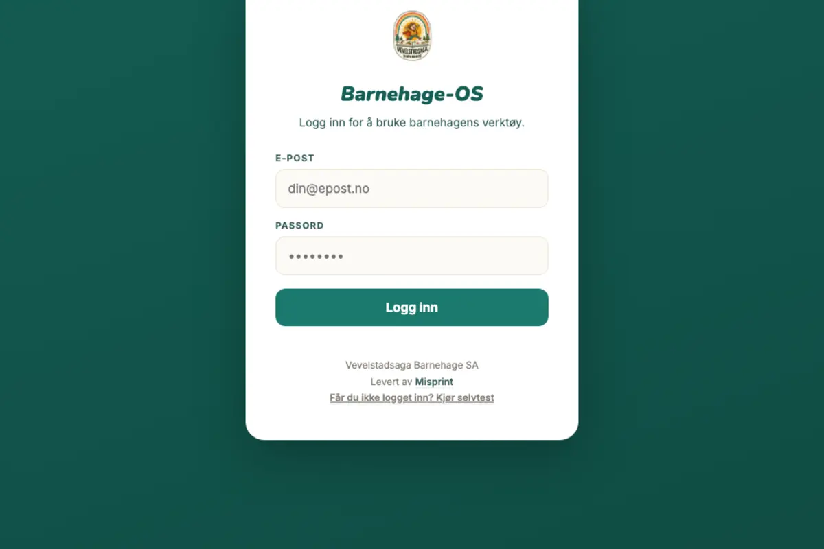 Offentlig innloggingsflate til Barnehage-OS med Vevelstadsaga-logoen.